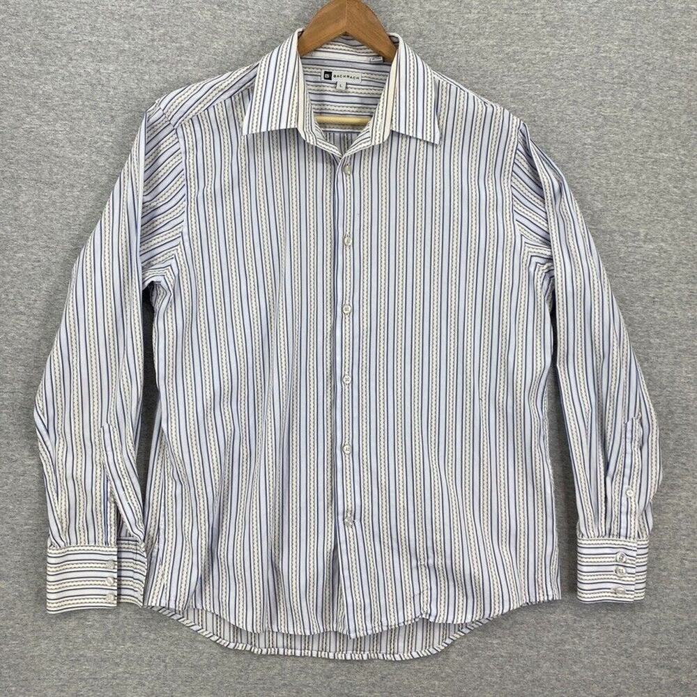 Bachrach Shirt Mens Large Blue Button Up Striped Long Sleeve Pocket Dress